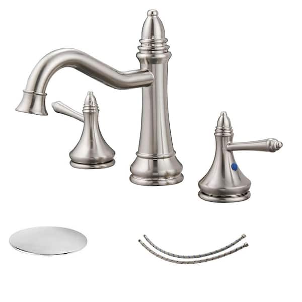 BWE 8 in. Waterfall Widespread 2-Handle Bathroom Faucet With Pop-up Drain Assembly in Brushed Nickel