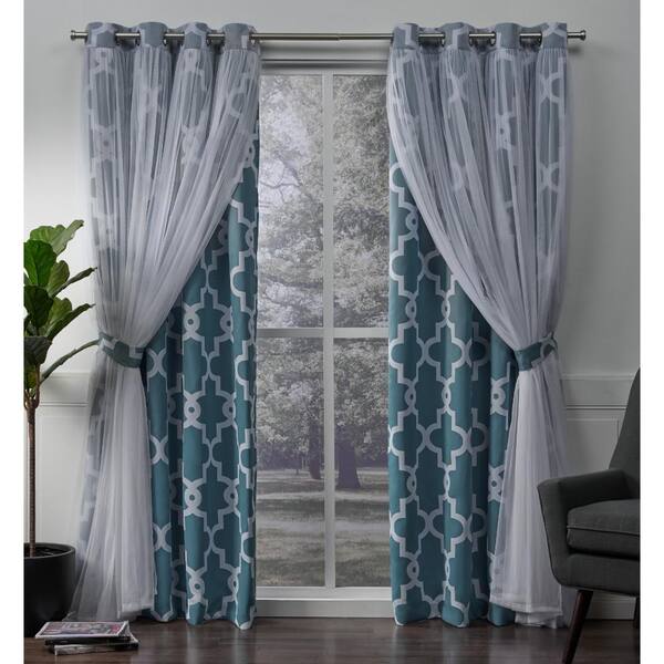 Unbranded Alegra 52 in. W x 96 in. L Layered Sheer Blackout Grommet Top Curtain Panel in Turquoise (2 Panels)