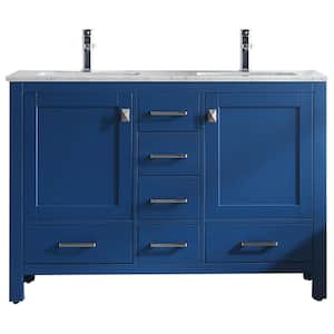 London 48 in. W x 18 in. D x 34 in. H Double Bathroom Vanity in Blue with White Carrara Marble Top with White Sinks