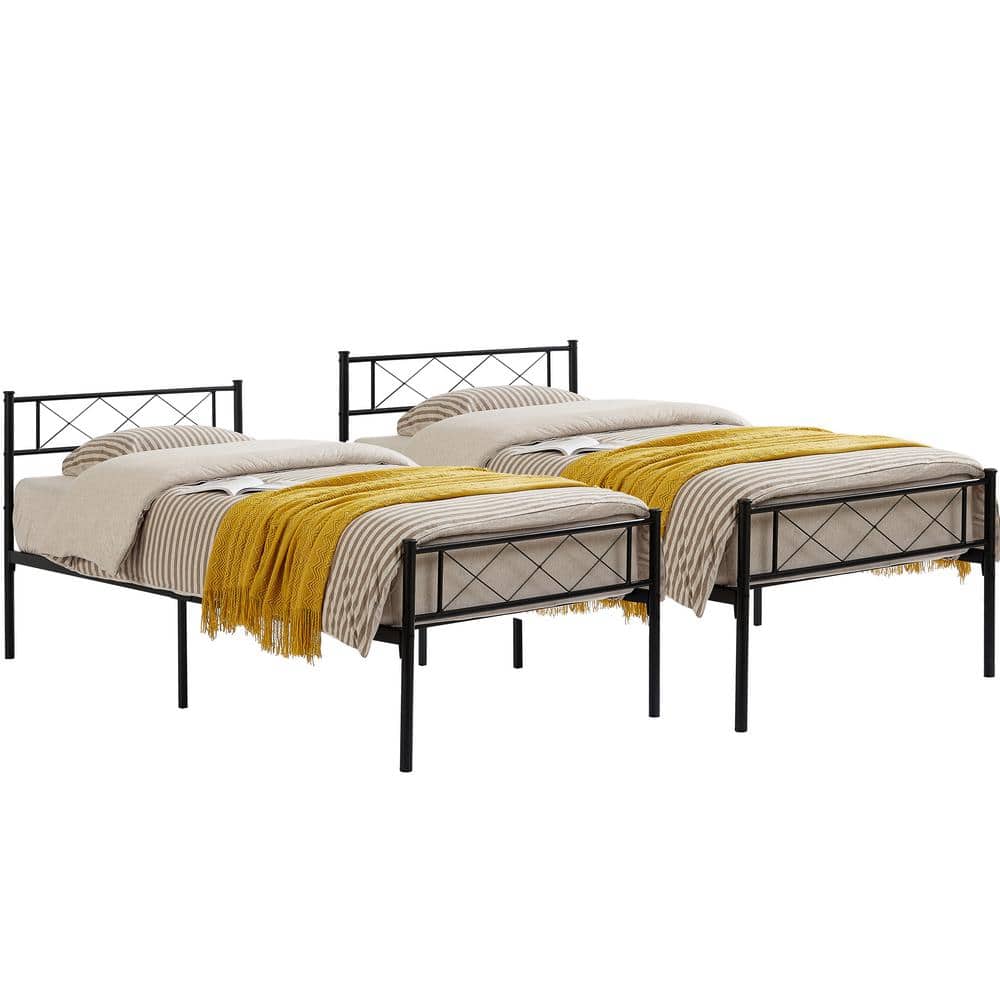 VECELO Twin Size 2Piece Metal Platform Bed Frame Set No Box Spring Needed, Black Style 2 2