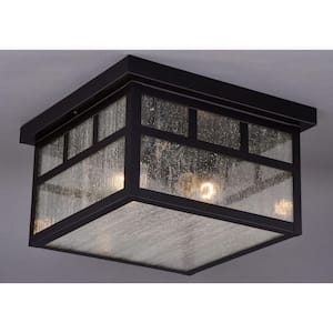 Mission Bronze Square Outdoor Flush Mount 2-Light Ceiling Fixture Clear Glass