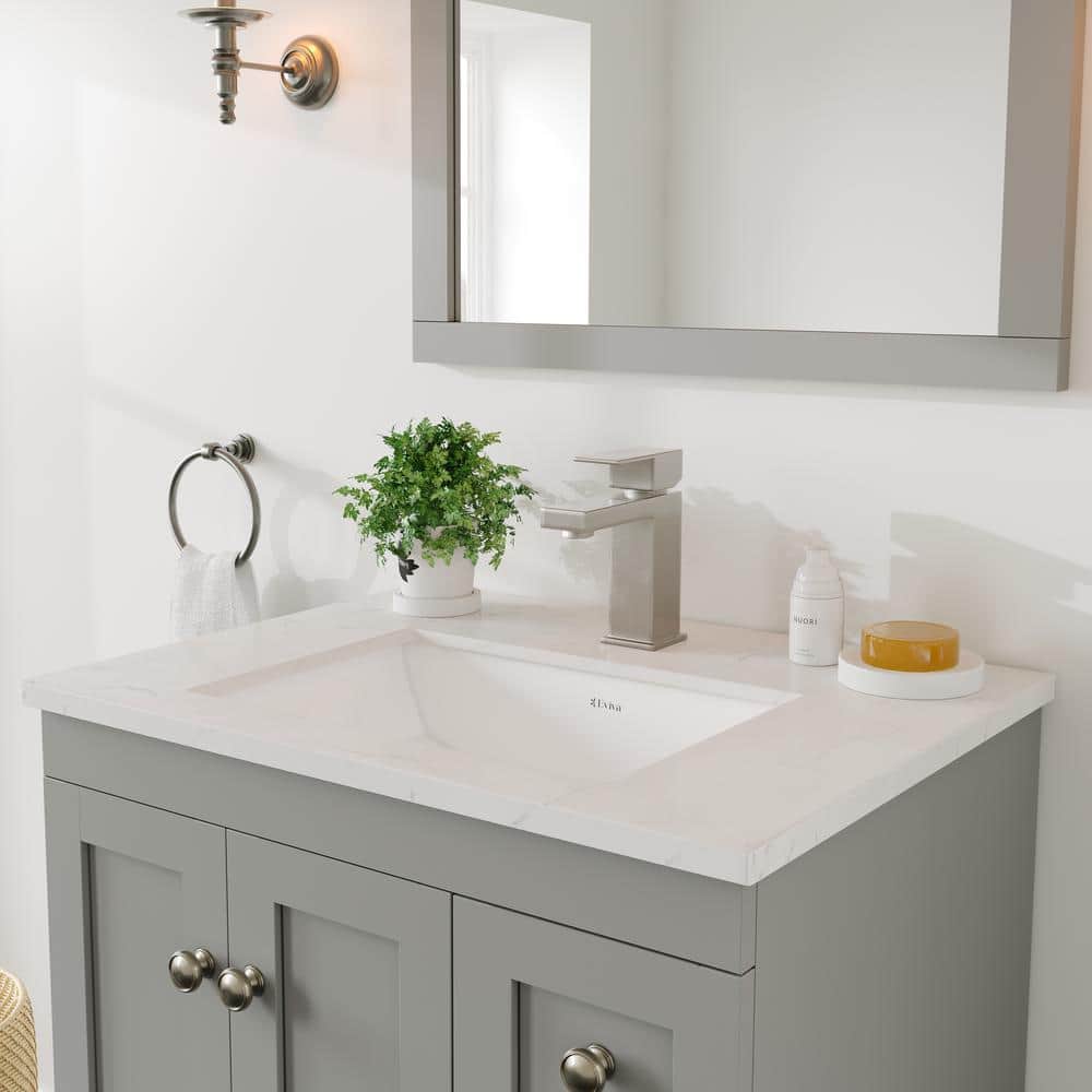 Gray Solid Wood Bathroom Vanity with White Quartz Top, 24-inch
