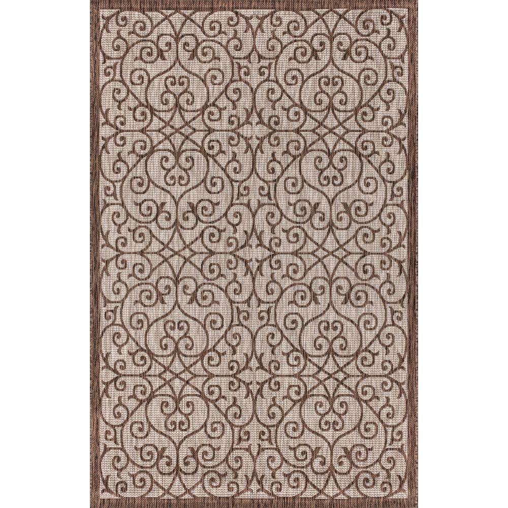 Taupe & Espresso Vintage Filigree Synthetic 5x8 Outdoor Rug