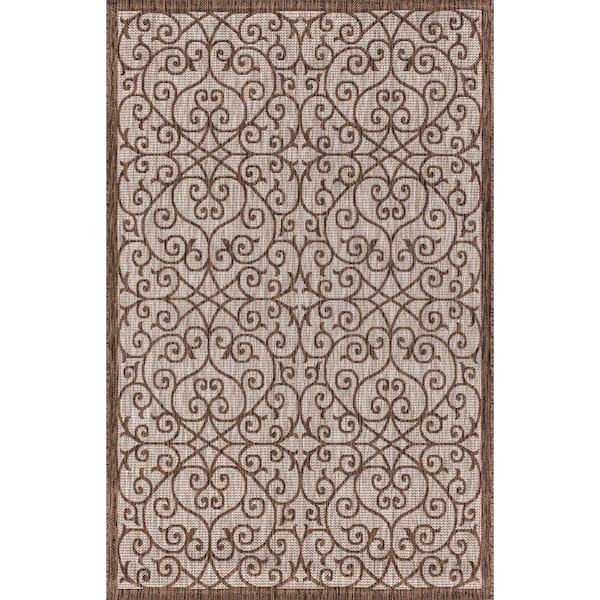 Madrid Vintage Filigree Taupe/Espresso 5 ft. 3 in. x 7 ft. 7 in. Textured Weave Indoor/Outdoor Area Rug