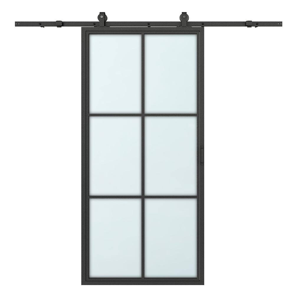 CALHOME 36 in. x 84 in. 6 Lite Frosted Glass Black Aluminum Frame