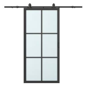 36 in. x 84 in. 6 Lite Frosted Glass Black Aluminum Frame Interior Sliding Barn Door with Hardware Kit