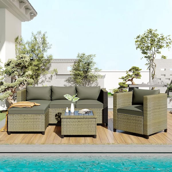 Wateday Outdoor 5-Piece Wicker Outdoor Patio Conversation Seating Set with Gray Cushions