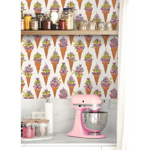 Orange Floral Ice Cream Vinyl Peel and Stick Wallpaper