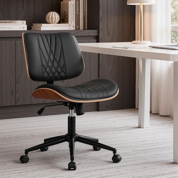 Office Chair Faux Leather Bentwood Desk Chair with Wheels, Adjustable Swivel Ergonomic Task Chair in Black Armless