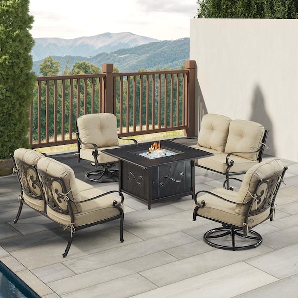Oakland Living Black 5 Piece Aluminum Patio Fire Pit Table Set with 2 Loveseats and 2 Club Chairs with Tan Cushions