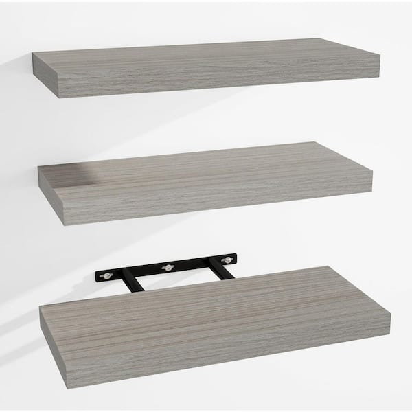 Unbranded 15 in. W x 6 in. D Distressed Grey Wood Floating Shelves for Wall(Set of 3), Wall Mounted Decorative Wall Shelf
