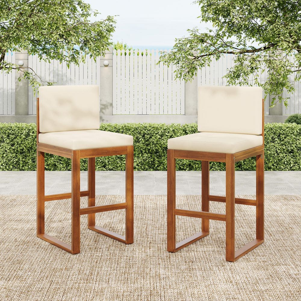 Theo Patio Solid Wood Outdoor Bar Stool with Beige Cushions, Footrest, Teak Finish, Set of 2