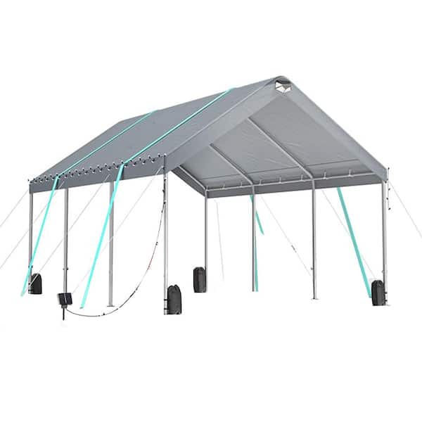 10 ft. x 20 ft. Gray Heavy Duty Portable Car Canopy Tent with Adjustable Peak Height, Removable Roof and Side Walls