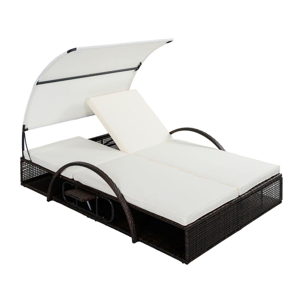 HDPE Wicker and Steel Frame Outdoor Day Bed Patio Sunbed with Beige Cushions, Curved Sun Canopy, Adjustable Backrest price history on PriceWatchPro
