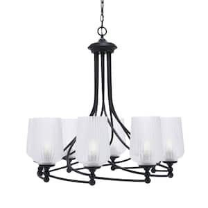 Royale 8 Light Matte Black Chandelier, Round Chandelier with 5 in. Clear Textured Glass Shades, No Bulbs Included