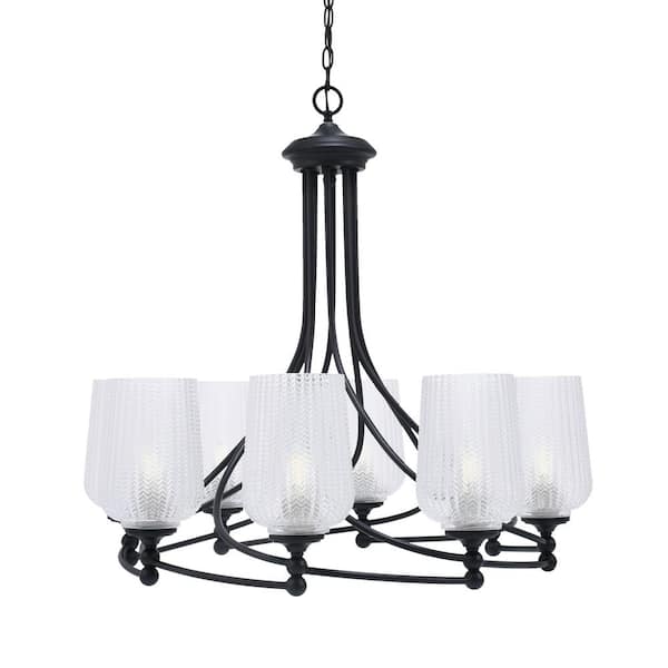 Unbranded Royale 8 Light Matte Black Chandelier, Round Chandelier with 5 in. Clear Textured Glass Shades, No Bulbs Included