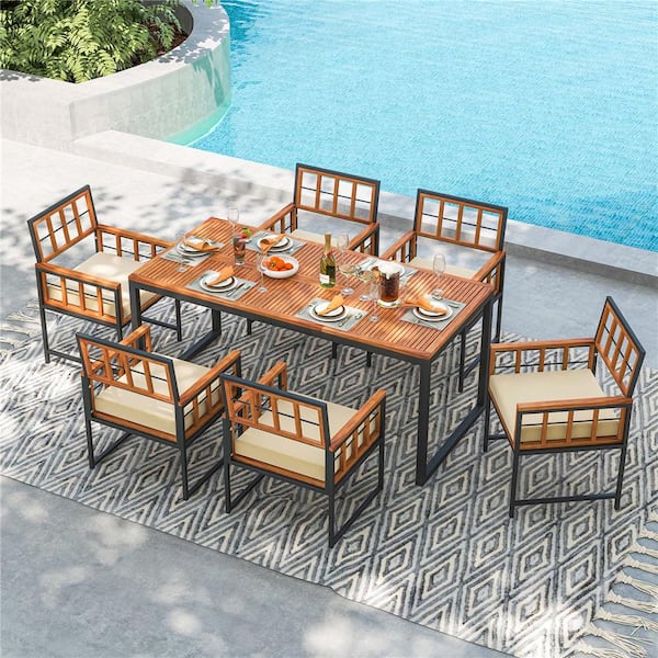 7-Piece Metal Glass Rectangle 34 in. Outdoor Dining Set with Cushions Beige