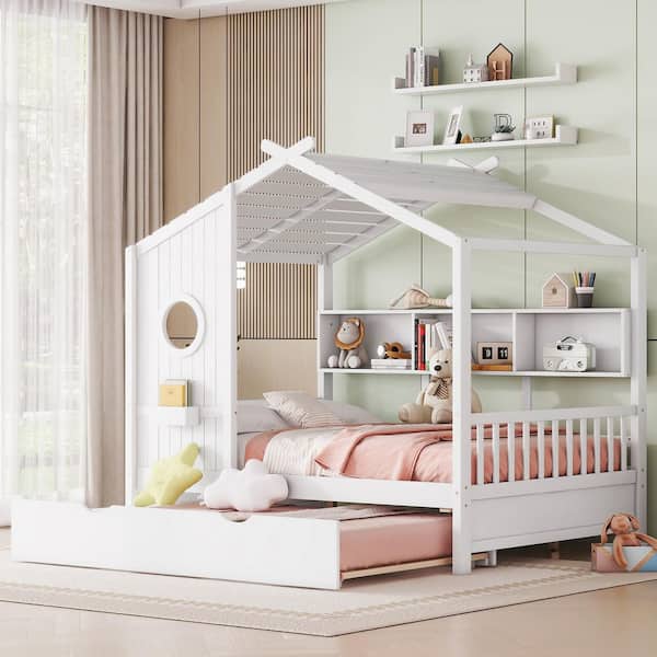 Merle Modern White Full Size Wooden Kids House Bed Platform Bed with Trundle and Storage Shelves