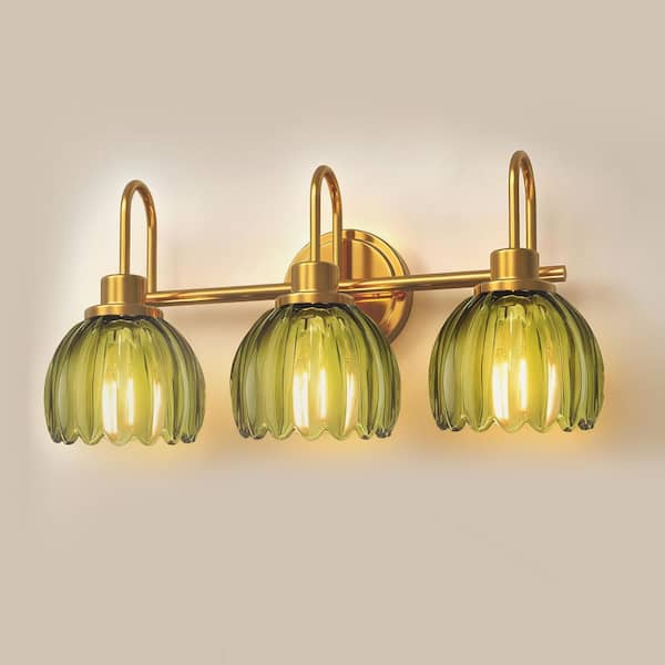 20 in. 3-Light Gold Bathroom Vanity Light, Modern Wall Light Over Mirror with Green Tulip Glass Shades for Bedroom