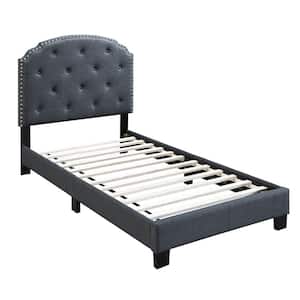Gray Wood Frame Twin Platform Bed with Button Tufted Scalloped Headboard