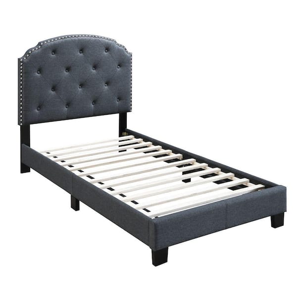 Benjara Gray Wood Frame Twin Platform Bed with Button Tufted Scalloped