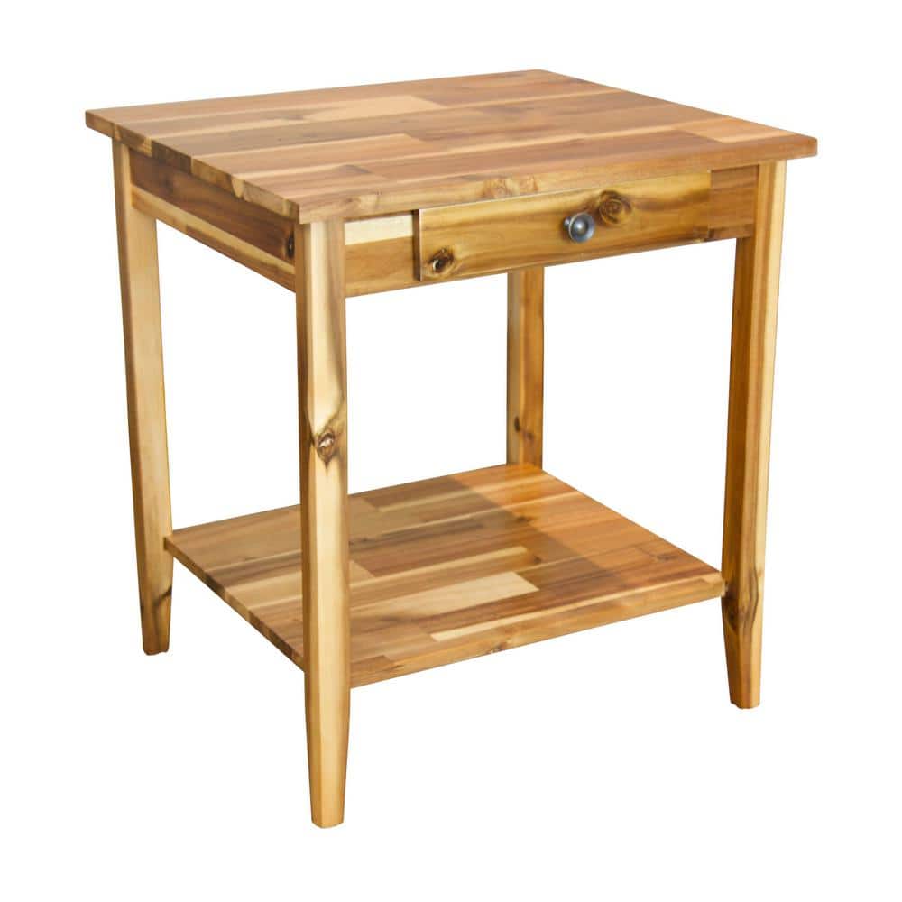 Solid Acacia Wood End Table with Drawer and Shelf