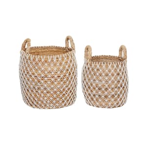 Banana Leaf Handmade String Detail Storage Basket with Handles (Set of 2)