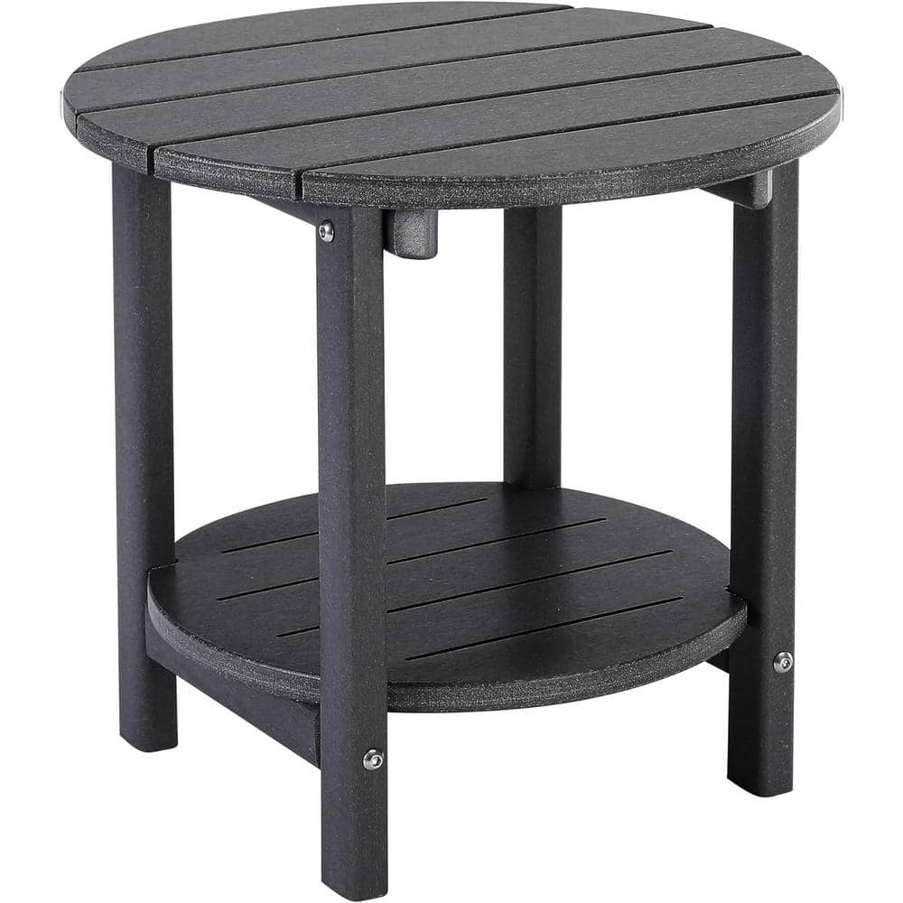 Grey Round HDPE Outdoor Side Table with Storage Shelf for Patio, Backyard, 