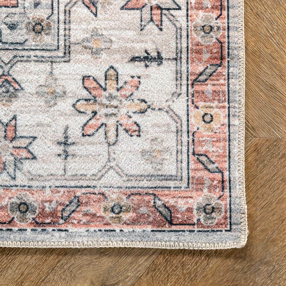 Vintage Beige and Tan Round Synthetic Washable Area Rug, 6'