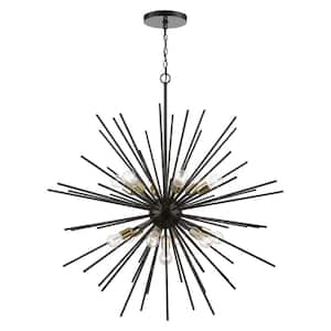 Tribeca 13-Light Shiny Black Extra Large Foyer Chandelier with Polished Brass Accents and Iron Pipe Rods