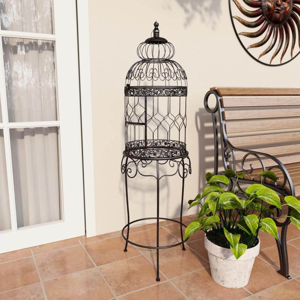 Victorian Black Metal Birdcage with Stand and Hook