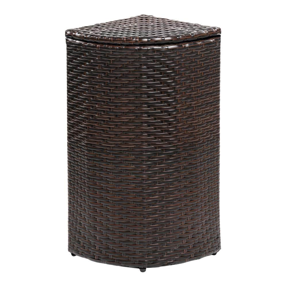 Brown Faux Wicker Corner Outdoor Trash Can with Lid
