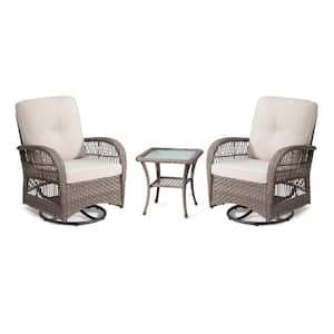 3-Piece Wicker Swivel Patio Outdoor Bistro Set with Beige Cushions, Set of 2-Chairs and Matching Side Table
