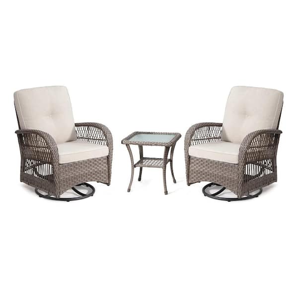 Sudzendf 3-Piece Wicker Swivel Patio Outdoor Bistro Set with Beige Cushions, Set of 2-Chairs and Matching Side Table