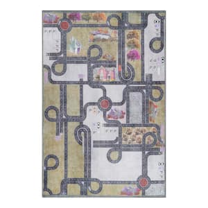 Country Road Mossy Gold 5 ft. 7 in. x8 ft. 9 in. Bright Road Patterened NonSlip Kids PowerLoomed Polyester Area Rug