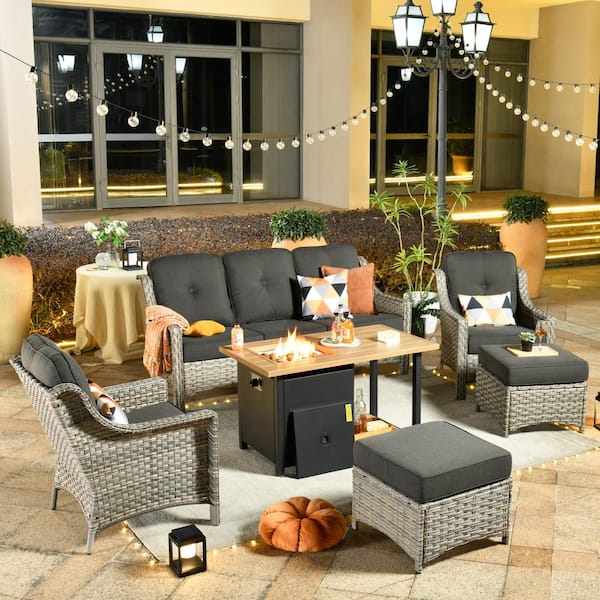 Toject Eureka Grey 6-Piece Wicker Outdoor Patio Conversation Sofa Seating Set with a Storage Fire Pit and Black Cushions