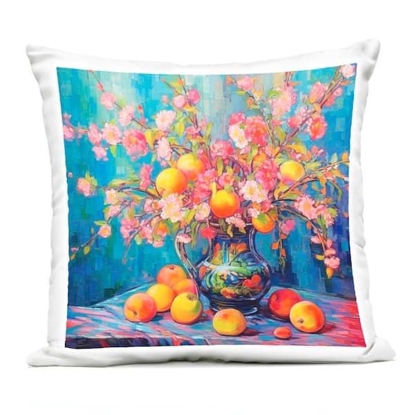 Stupell Industries Peach & Florals Bouquet Blue Square Outdoor Throw Pillow