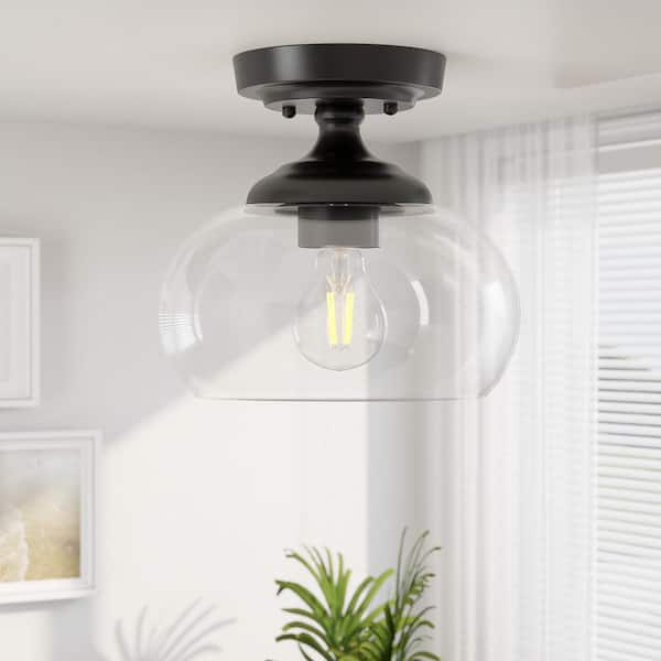 8.3 In. 1-Light Matte Black Industrial Semi-Flush Mount With Clear Glass Shade for Hallway Kitchen Bedroom Entryway