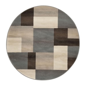8 ft. Round Grey-Brown Round Patchwork Power Loom Stain Resistant Area Rug