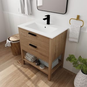 PLAIN 30 in. W x 18.3 in. D x 33.75 in. H Single Sink Freestanding Bath Vanity in Light Oak with White Ceramic Sink Top