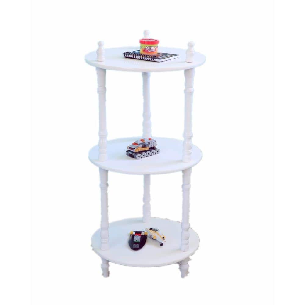 A white three-tier round end table isolated on a white background.