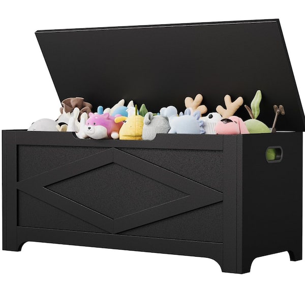 47 Gal. Black Wood Outdoor Storage Bench with Safety Hinge for Entryway, Bedroom, Living Room