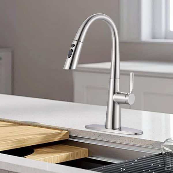 17.7 in. 3-Mode Single Handle Pull Down Sprayer Kitchen Faucet with 360° Swivel Spout in Stainless Steel Bruhsed Nickel