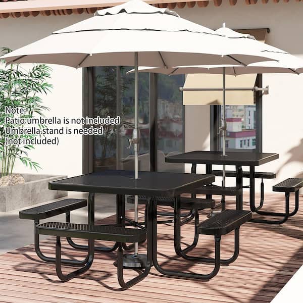46 in. Square Coated Black Steel Picnic Table w/ Seats Heavy Duty Camping Table and Bench for 8