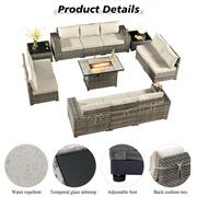 Crater Grey 13-Piece Wicker Wide-Plus Arm Outdoor Fire Pit Patio Conversation Sofa Set with Beige Cushions