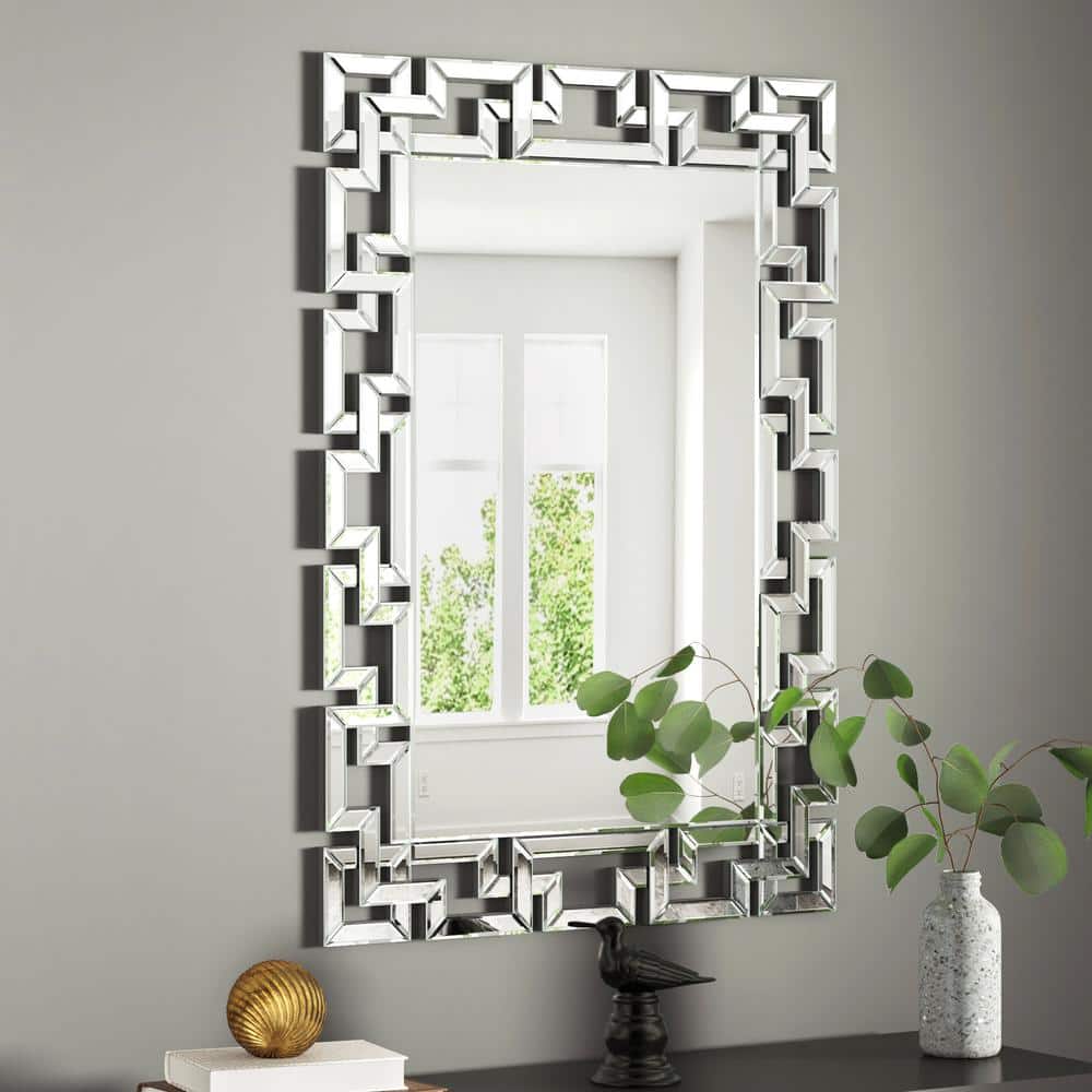 Venetian Silver Rectangular Beveled Wall Mirror with Carved Frame