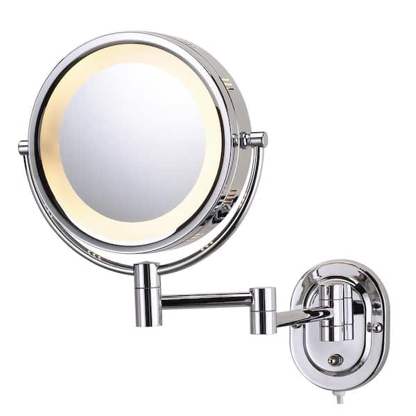 8 In X Round Lighted Wall Mounted Direct Wired 5x Magnification Makeup Mirror Chrome Hlcsa895d The Home Depot - Home Depot Mirror Wall Mount