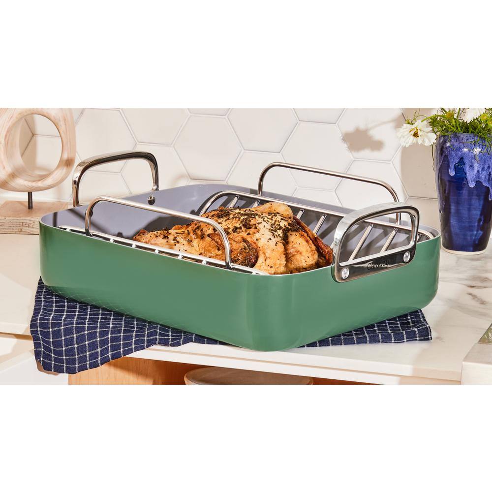 Sage Green Nonstick Square Roasting Pan with Rack and Handles