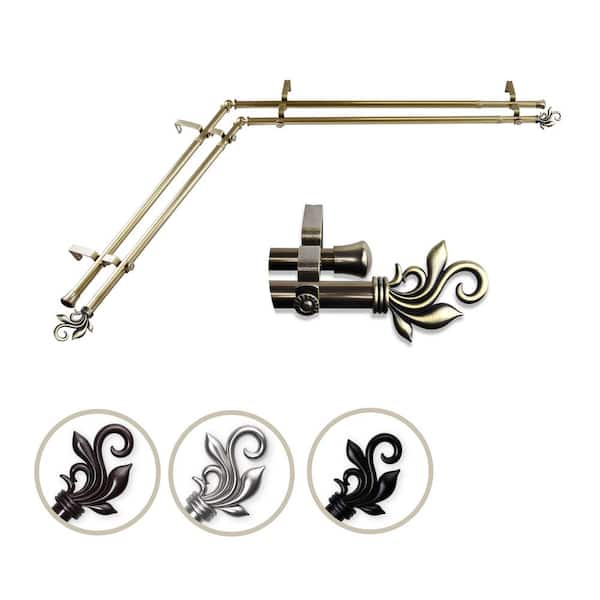 Rod Desyne 13/16" Dia Adjustable 28" to 48" Double Corner Window Curtain Rod in Antique Brass with Delilah Finials