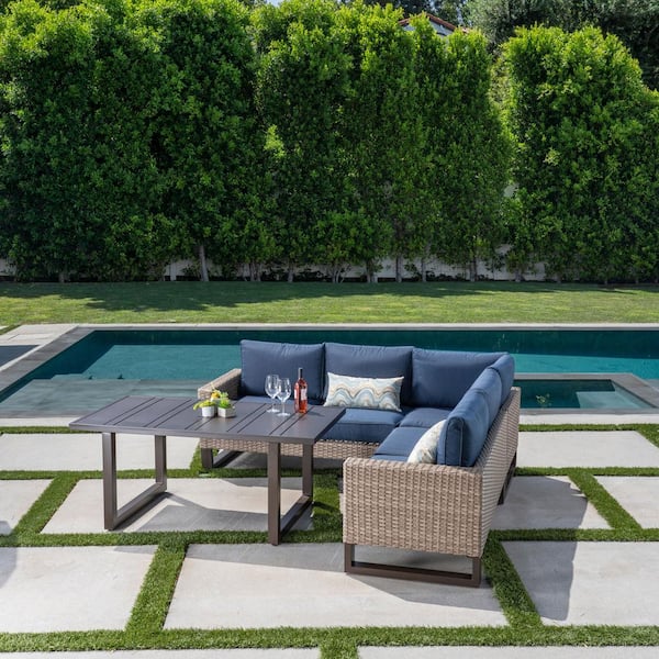 Hampton Bay Park Heights 4-Piece Wicker Outdoor Patio Sectional with Navy Cushions